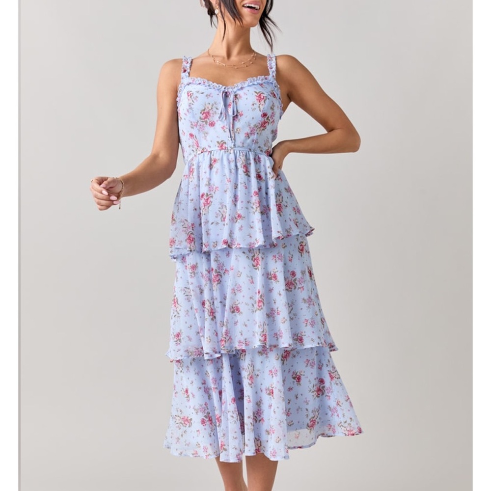 Corset Floral Anita Ruffle Tiered Blue Midi Dress Audrey Parks Francesca's L